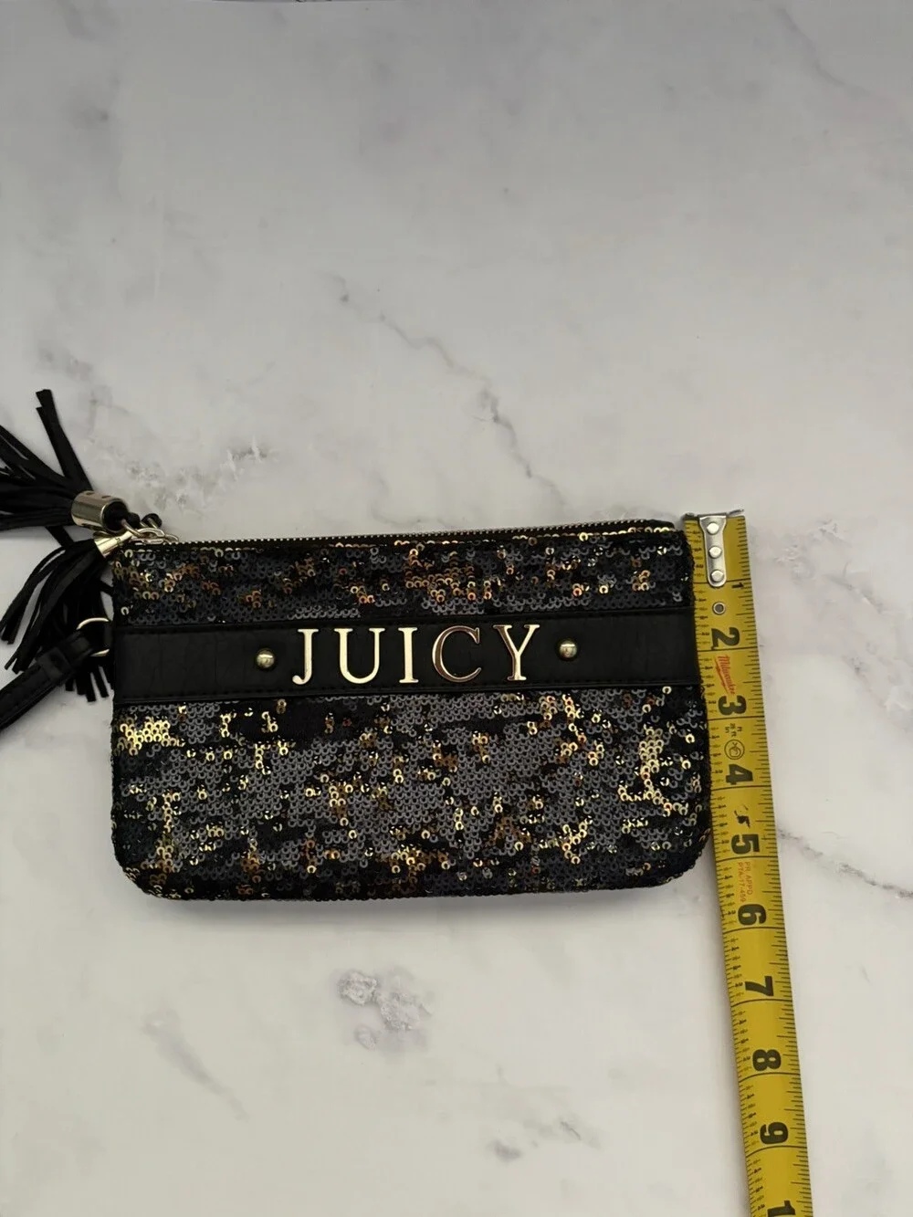 Juicy Couture Black Gold Sequin Double Zip Wristlet Clutch Wallet Tassel Bag